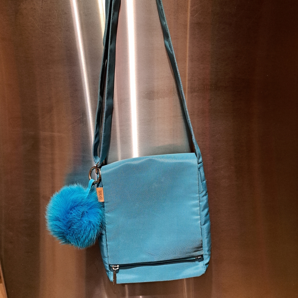Blue Crossbody Bag with Pom Pom